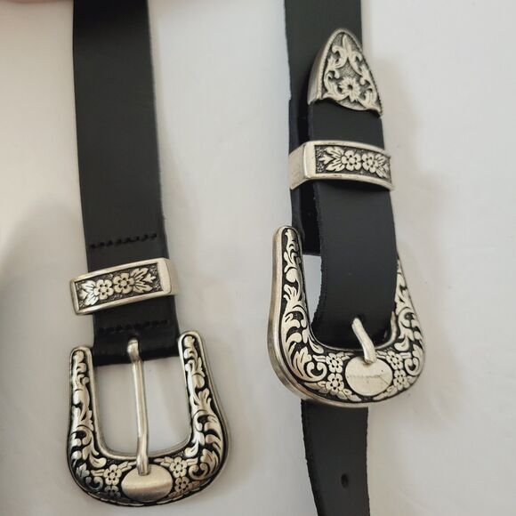 Western Embossed Metal Floral Scrolled Black Leather Double Buckle Belt main image 7